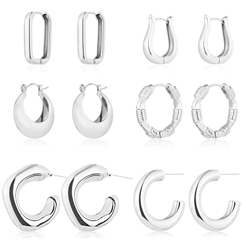 6 Pairs 14K Gold Hoop Earrings for Women Lightweight Chunky Hoop Earrings Multipack Hypoallergenic, Thick Open Twisted Huggie Hoops Earring Set Jewelry for Gifts.