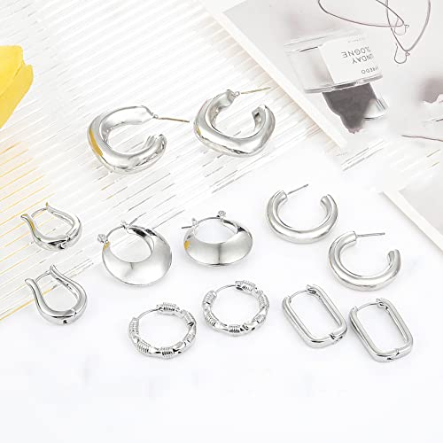 6 Pairs 14K Gold Hoop Earrings for Women Lightweight Chunky Hoop Earrings Multipack Hypoallergenic, Thick Open Twisted Huggie Hoops Earring Set Jewelry for Gifts.