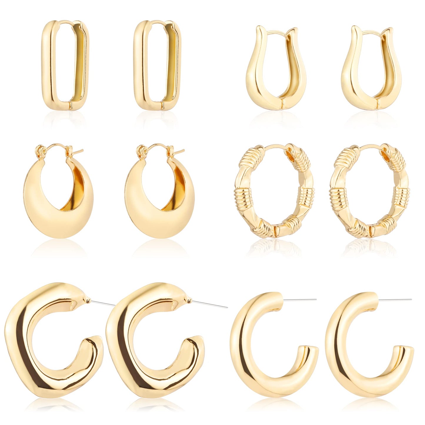 6 Pairs 14K Gold Hoop Earrings for Women Lightweight Chunky Hoop Earrings Multipack Hypoallergenic, Thick Open Twisted Huggie Hoops Earring Set Jewelry for Gifts.