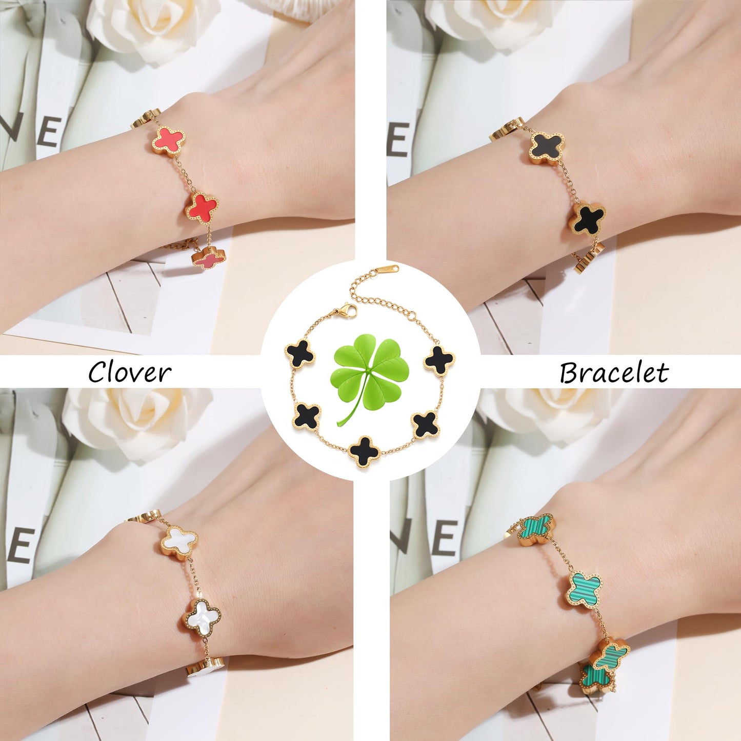 18K Gold Plated Clover Lucky Bracelet for Women White/Black/Red/Green Bracelets Cute Bracelets Jewelry Gifts Trendy for Women