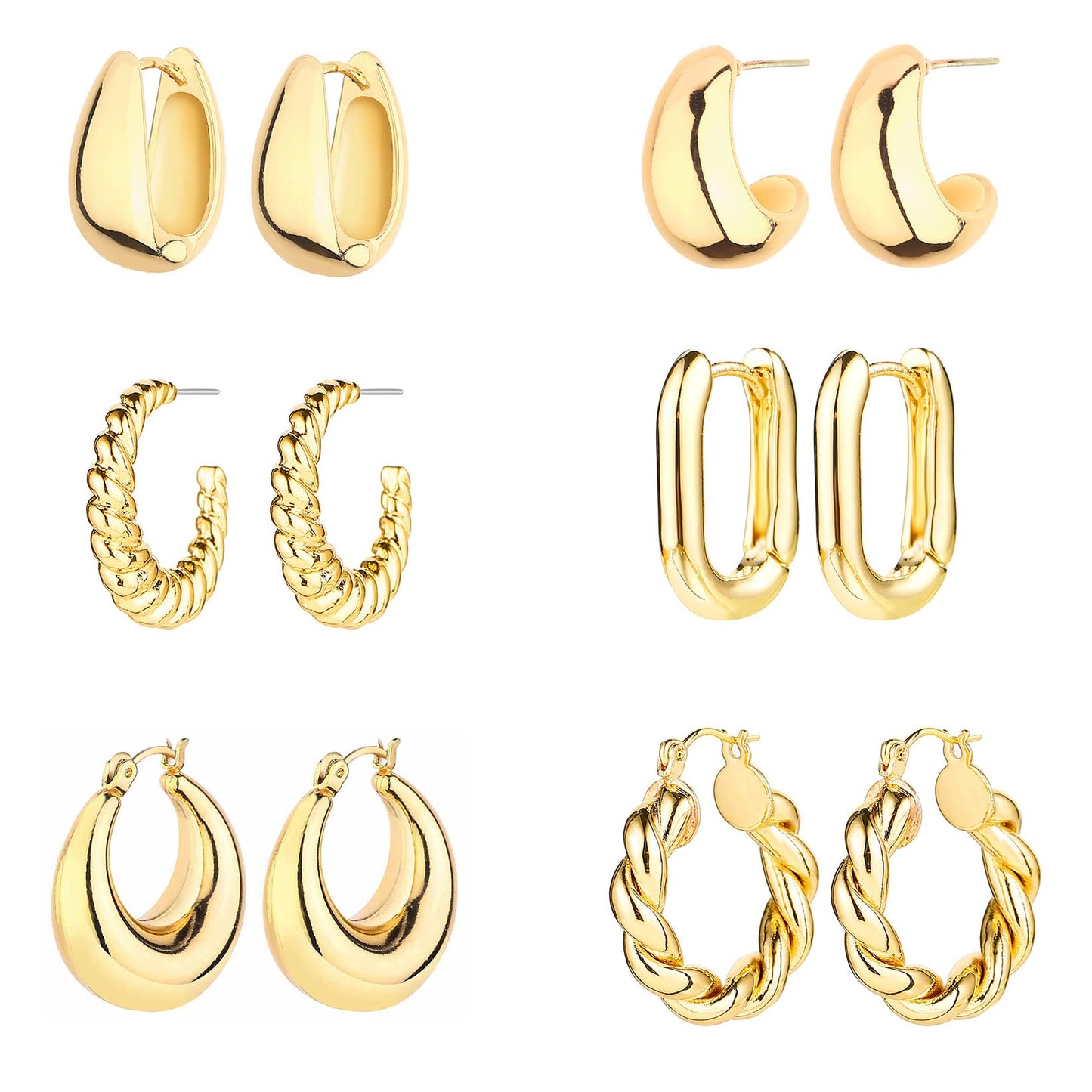 6 Pairs 14K Gold Hoop Earrings for Women Lightweight Chunky Hoop Earrings Multipack Hypoallergenic, Thick Open Twisted Huggie Hoops Earring Set Jewelry for Gifts.