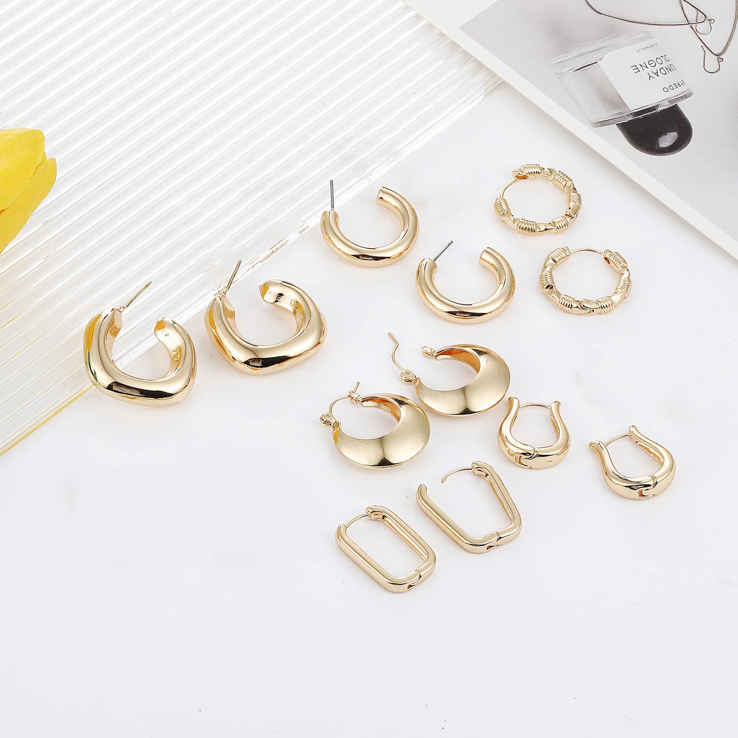 6 Pairs 14K Gold Hoop Earrings for Women Lightweight Chunky Hoop Earrings Multipack Hypoallergenic, Thick Open Twisted Huggie Hoops Earring Set Jewelry for Gifts.