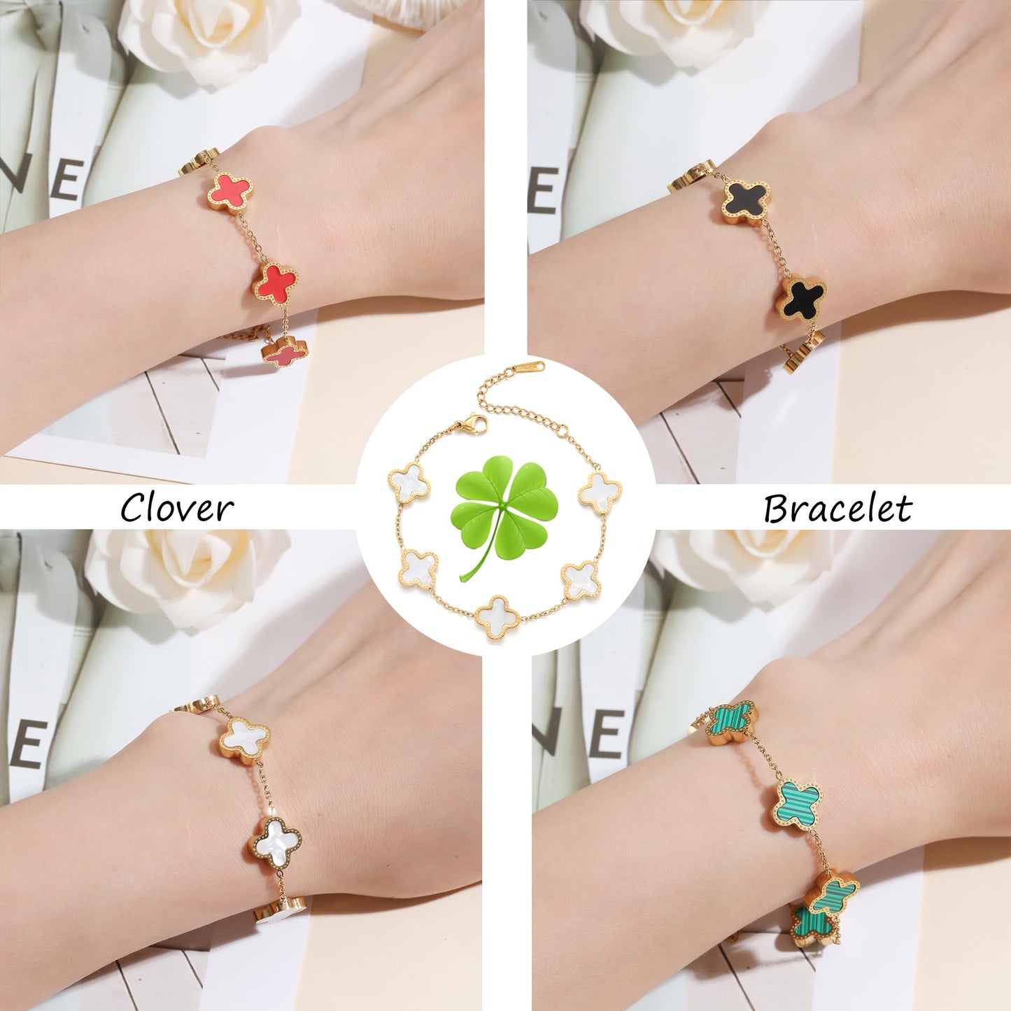 18K Gold Plated Clover Lucky Bracelet for Women White/Black/Red/Green Bracelets Cute Bracelets Jewelry Gifts Trendy for Women