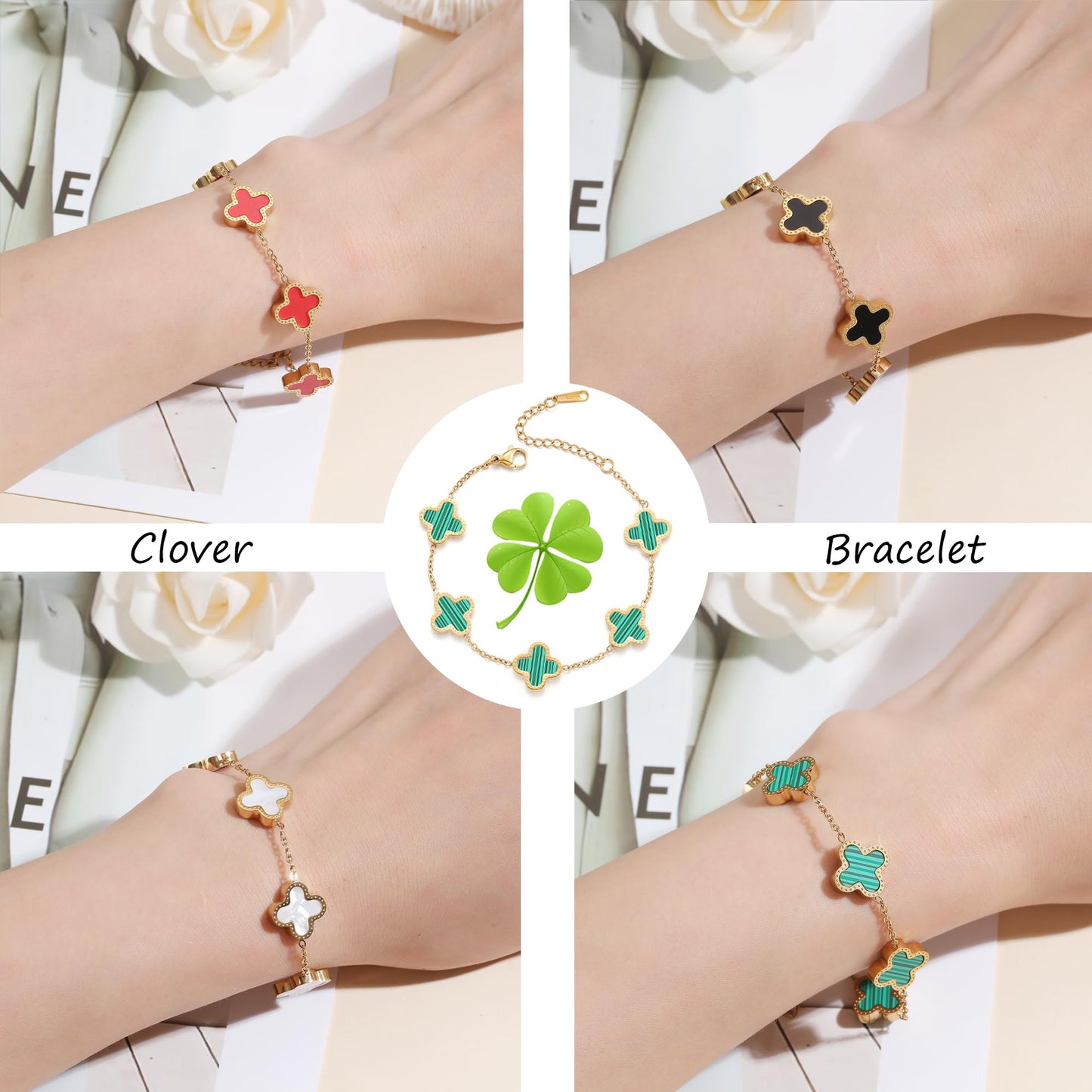 18K Gold Plated Clover Lucky Bracelet for Women White/Black/Red/Green Bracelets Cute Bracelets Jewelry Gifts Trendy for Women