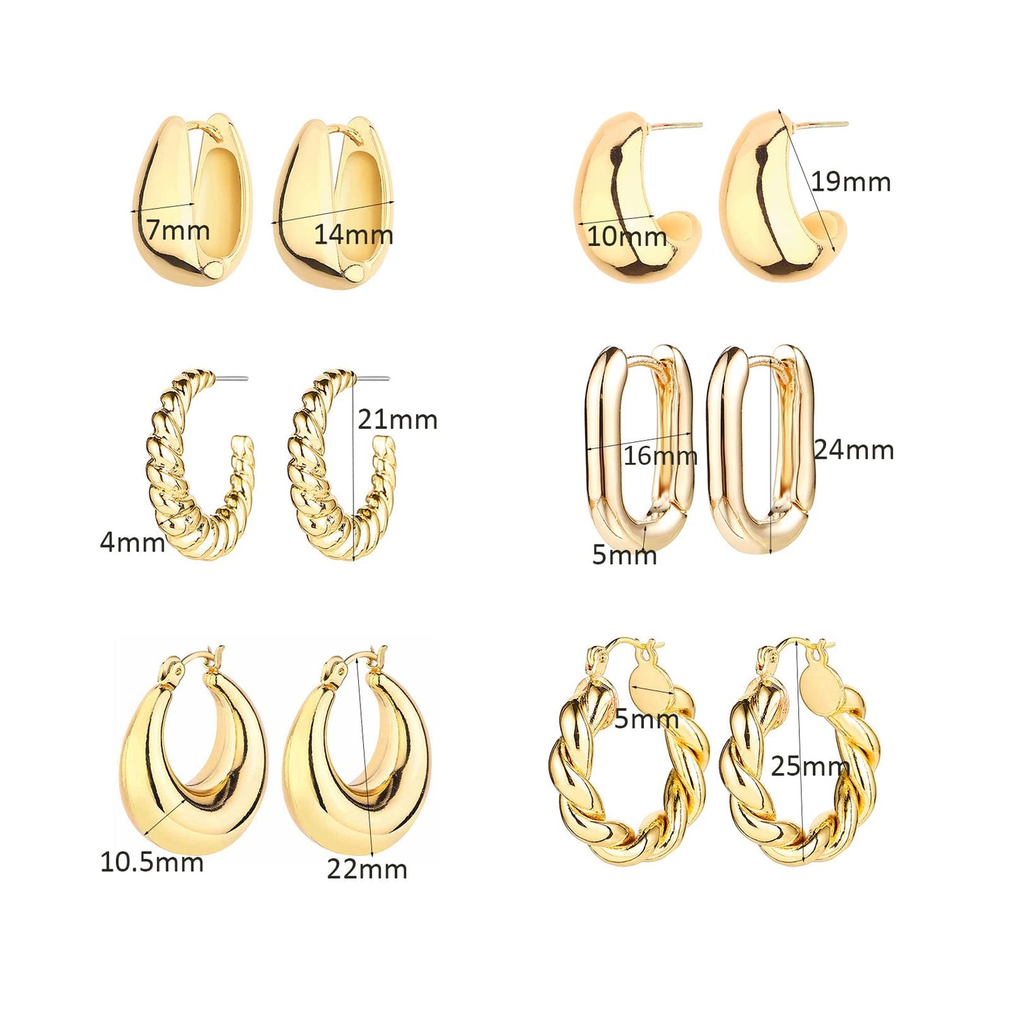 6 Pairs 14K Gold Hoop Earrings for Women Lightweight Chunky Hoop Earrings Multipack Hypoallergenic, Thick Open Twisted Huggie Hoops Earring Set Jewelry for Gifts.