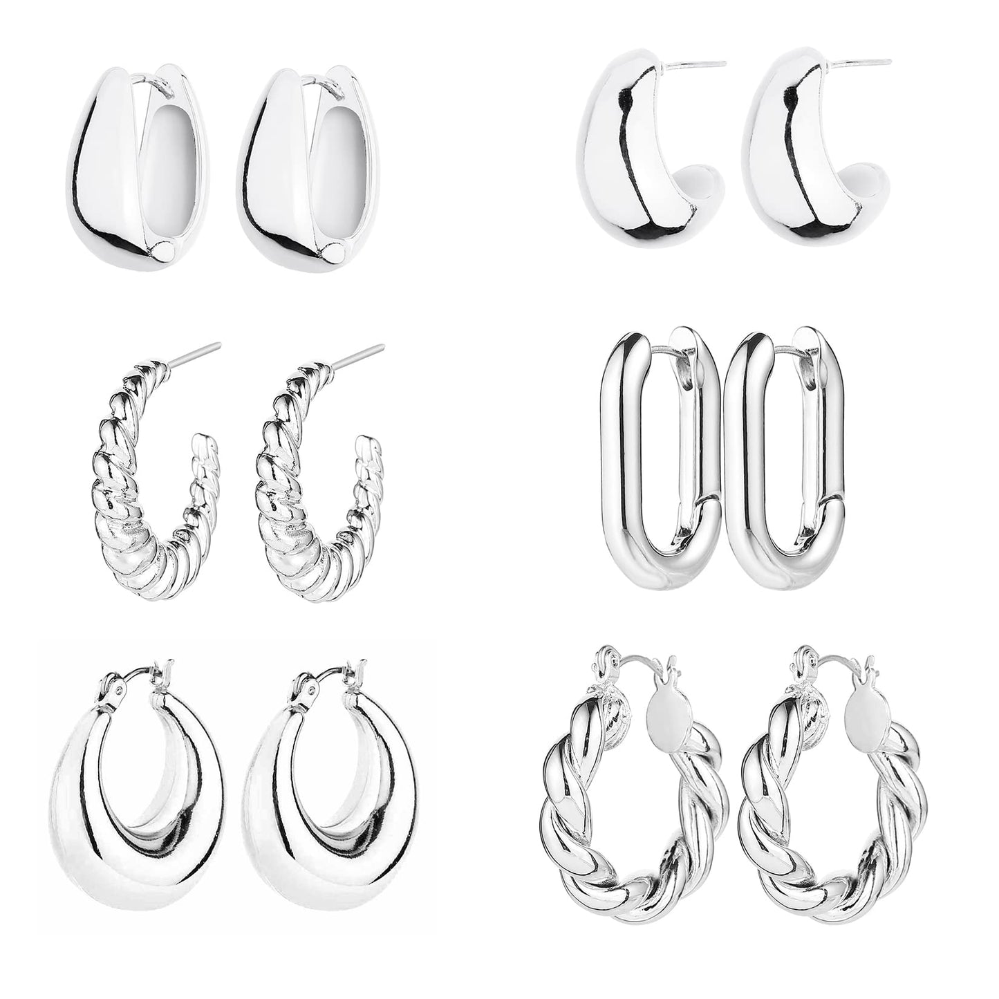 6 Pairs 14K Gold Hoop Earrings for Women Lightweight Chunky Hoop Earrings Multipack Hypoallergenic, Thick Open Twisted Huggie Hoops Earring Set Jewelry for Gifts.